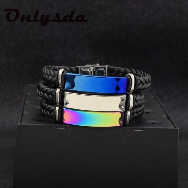 

personalize braided genuine leather bracelets for men customize name words stainless steel casual male bangle man gift, Black