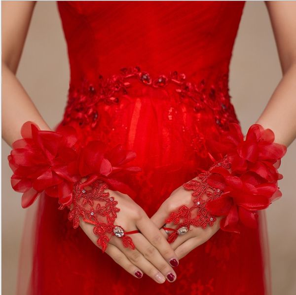 

lace appliques short wrist length gloves for bride fingerless wedding accessories crystal flowers red white bridal gloves