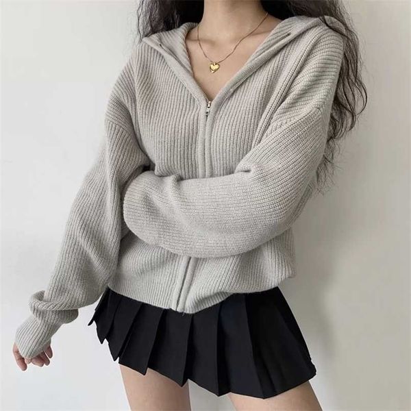 

women drop shoulder zip up slouchy knit hooded cardigan chunky hooded relaxed cardigan 211103, White;black
