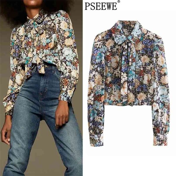 Blusa Mulheres Cópia Floral Crop Top Feminino Feminino Botão De Laço Do Vintage Up Camisa Longa Camisa Chique Mulher Elegante 210519