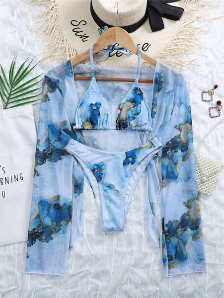 

marble long sleeve female swimsuit women swimwear plus size bikini set halter bather bathing suit swimby air