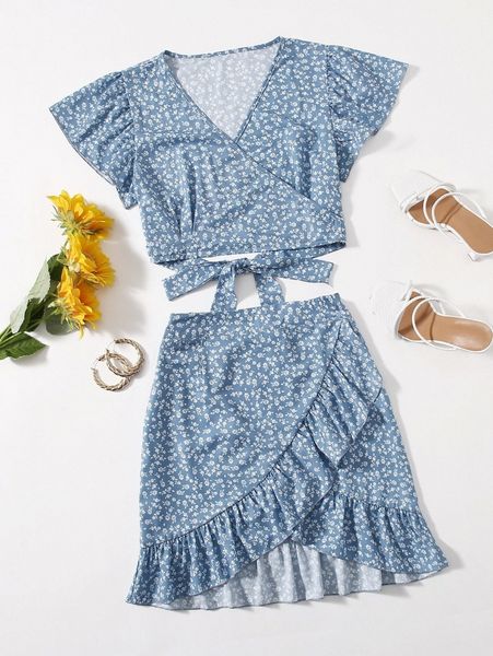 

ditsy floral & ruffle hem skirt d6ut#, White