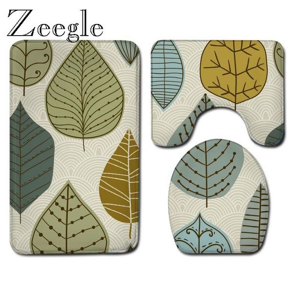 

bath mats plant printed bathroom carpet shower room decor absorbent u-shaped toilet rug flannel mat and anti-slip floor set