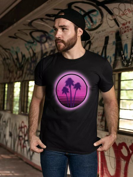 

retro sci-fi palm trees design tee men's -image by shutterstock, White;black