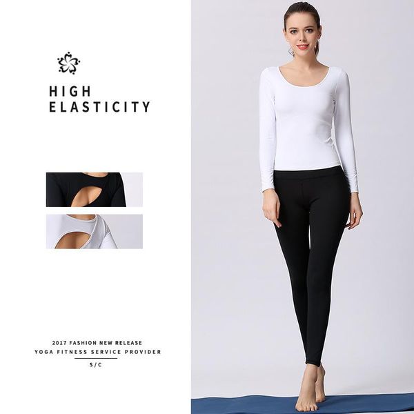 

autumn and winter solid color yoga suit back hollow fitness long-sleeved upper garment high waist leggings two-piece gym clothing, White;black