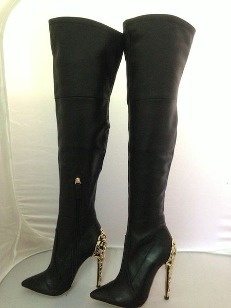 

boots flower metal heel women thigh high stilettos over the knee pointy toe long black with zipper lwpv
