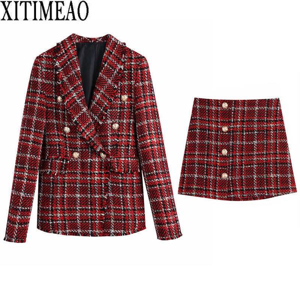 

za women fashion double breasted tweed check blazers coat vintage female outerwear high waist skirt 2-piece set 210602, White