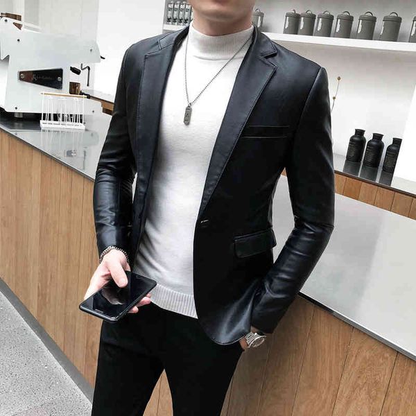 

2021 brand clothing fashion male slim fit casual et/men's retro style leather suit/blazers cats s-4xl, Black