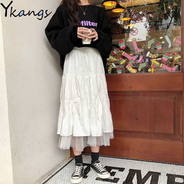 

summer white black long tulle midi skirts womens elastic high waist mesh tutu pleated skirts female long skirt streetwear 210619