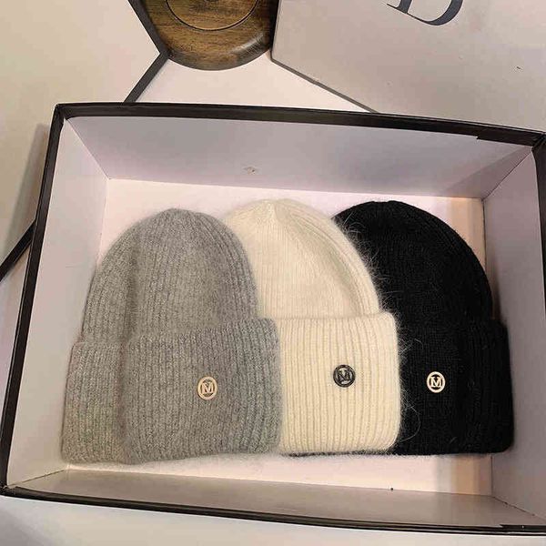 

french white new rabbit hair knitted hat letter wool versatile warm winter ear cap, Blue;gray