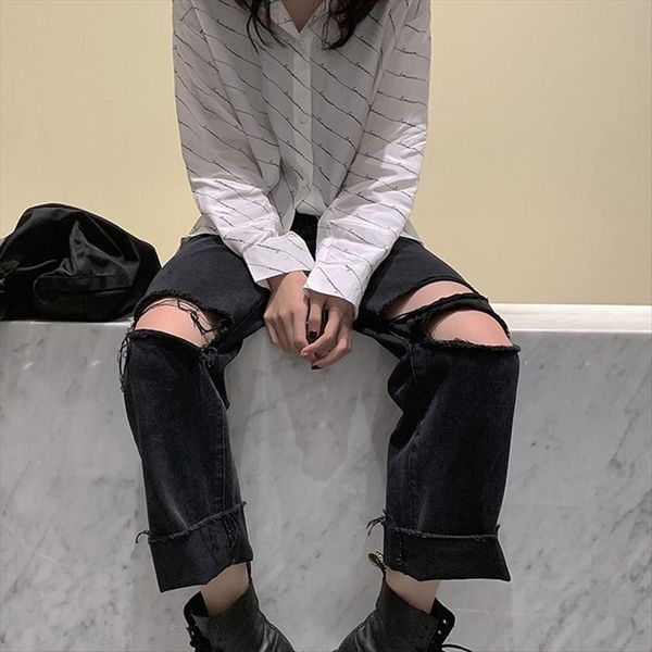 

pants oversize loose womens jean high waist straight black y2k street hole, Blue