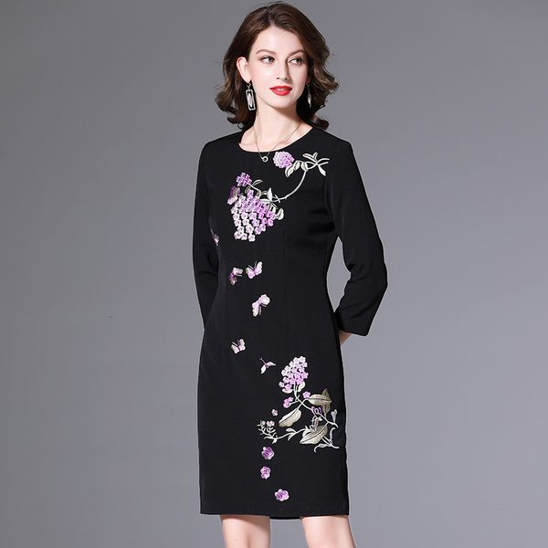 

casual dresses superior quality autumn flower ladies women celebrities embroidered party dress office lady vintage retro lxsf, Black;gray