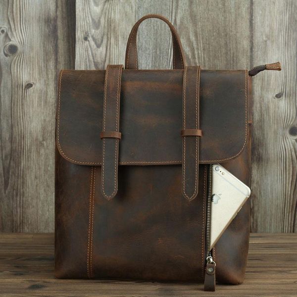 

backpack crazy horse genuine leather travel multi-function men single double shoulder bag vintage leisure handle pack
