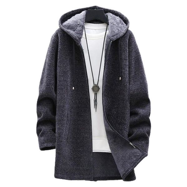 

men's wool & blends autumn winter 2021 long sleeve hooded fleece coat fashion zipper warm plush sweater jacket knitted cardigan male co, Black