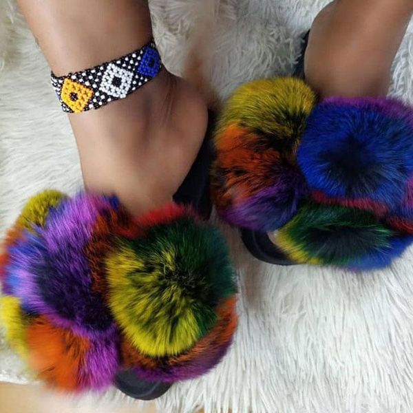 

wholesale women's fluffy slippers furry pom fur slides ladies ball sandals rainbow shoes female flip flops, Black