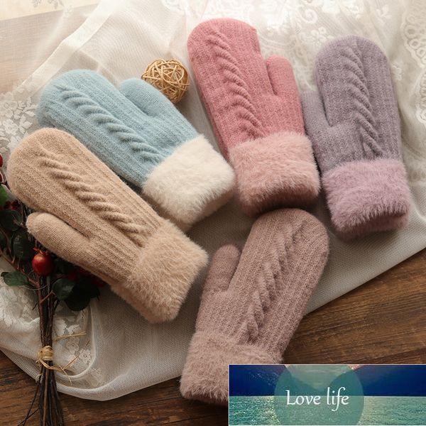 

korean plus velvet knit wool cute twist cold bicycle gloves women' winter full finger double layer thick warm driving mitten r6 factor, Blue;gray