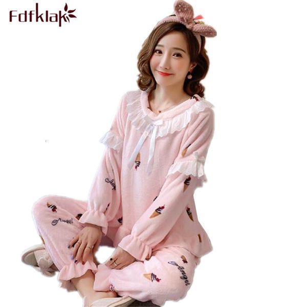 

women's sleepwear sweet women pajamas set long sleeve girl's home clothes thick flannel women's pyjamas homewear suit print w, Black;red