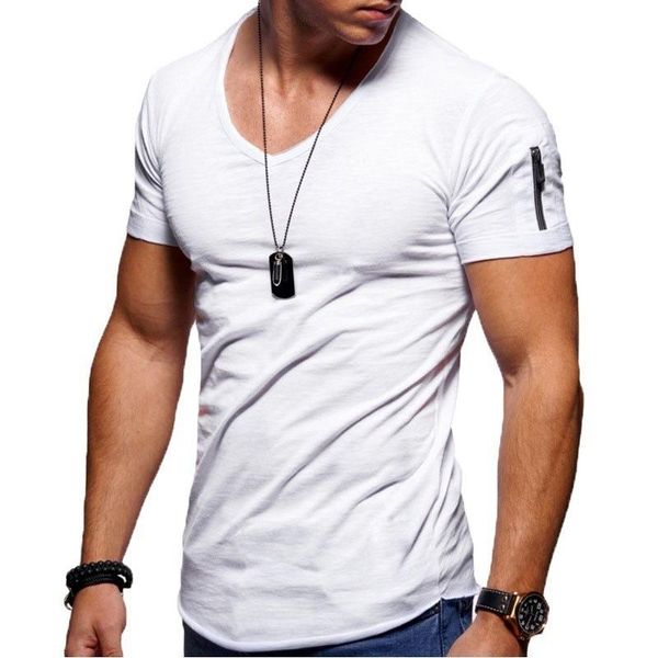 

men's t-shirts 2021 fashion v-neck t-shirt men's arm zipper cotton short sleeve casual bottoming shirt clothing street wear, White;black