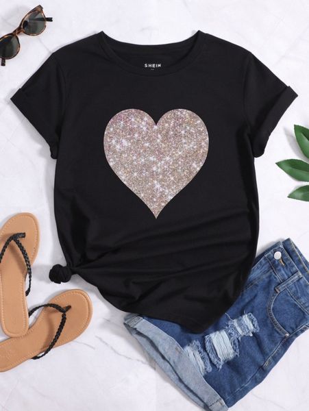 

rhinestone heart pattern tee k9cb#, White
