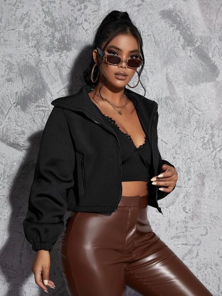 

sxy solid zip front crop jacket h3ot#, Black;brown