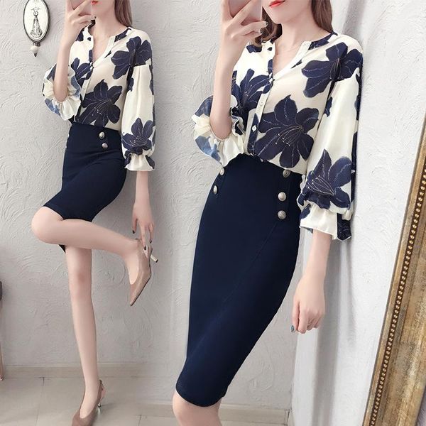 

two piece dress spring fashion printed chiffon shirt set / celebrity hip, White