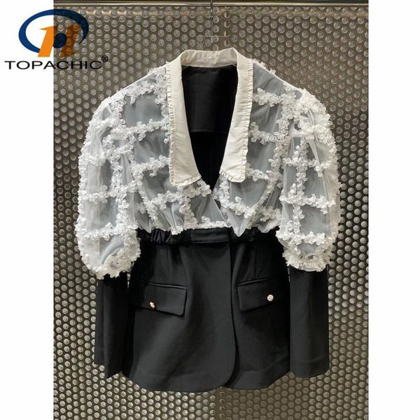 

3.12 2021 spring summer women fashion doll collar lace spliced blazer coat women's suits & blazers, White;black