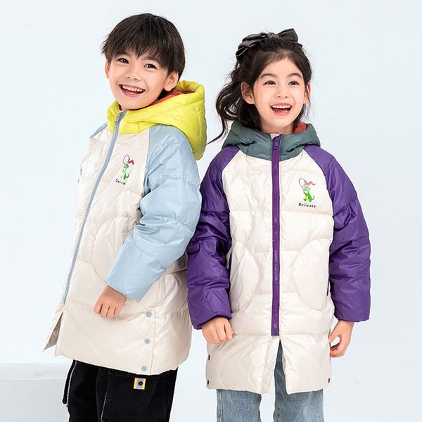 

2021 autumn and winter new boys and girls jacket kid hooded mid-length white duck down jacket color matching jacket, Blue;gray