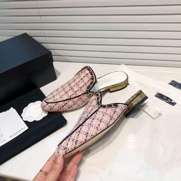

women mules slippers chain decor flat shoes genuine leather square heels 2021 summer, Black