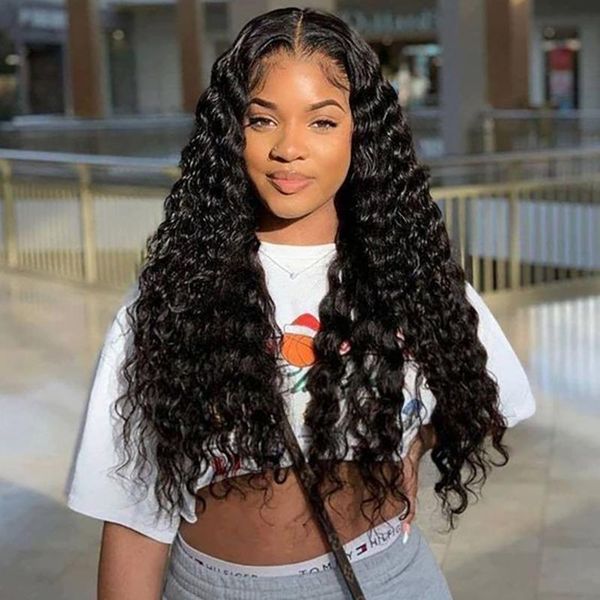 

water wave wigs lace closure curly human hair for black women long deep frontal brazilian wig wet and wavy 13x4, Black;brown