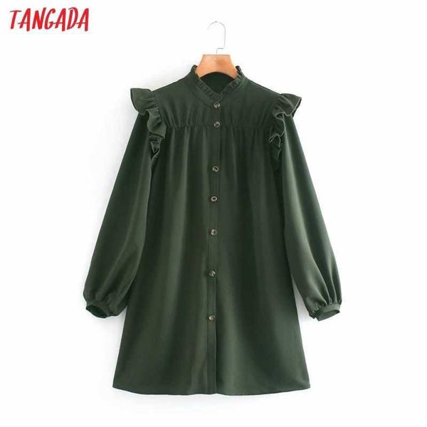 Tangada Moda Mulheres Verde Ruffles Mini Vestido Chegada Longa Manga Ladies Camisa Vestidos XN60 210609