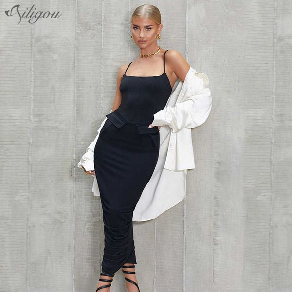 

summer women's pocket black bandage dress tight spaghetti strap club celebrity runway vestidos 210527, Black;gray