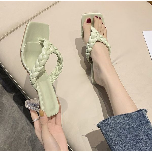 

ladies fashion high heels slippers pu leather weave women square toe slipper flip flop women's casual shoes female 2021 summer fdhy45uw, Black