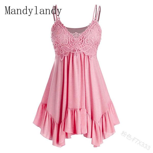 

women's tanks & camis mandylandy summer o-neck pleated backless spaghetti strap lace pure color ruffles stitching, White