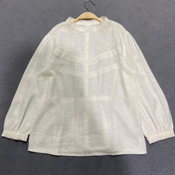 

women's blouses & shirts johnature 2021 autumn embroidery floral womens and vintage solid color loose button, White