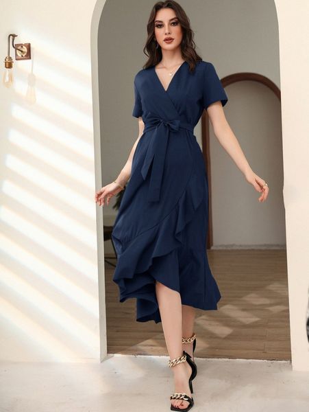 

ruffle tulip hem belted dress h3el#, Black;gray