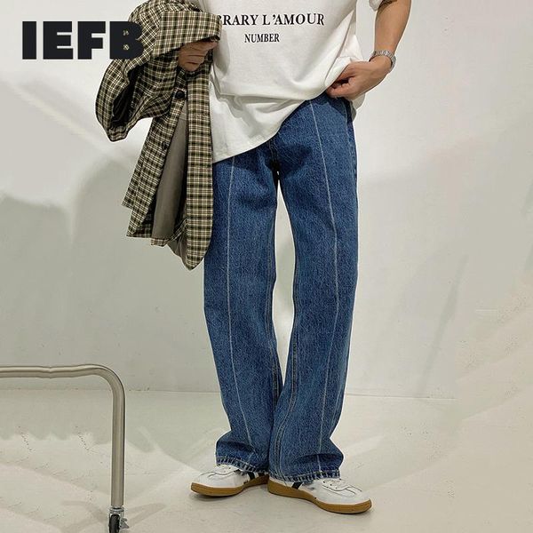 

iefb spring new simple high waist denim trousers korean fashion trend shows thin straight jeans 2021 menwear loose causal 9y6218, Blue