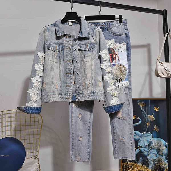 

pant fashion diamonds print sets women short jeans jacket pants two piece set female loose casual embroidery frayed denim suit, White