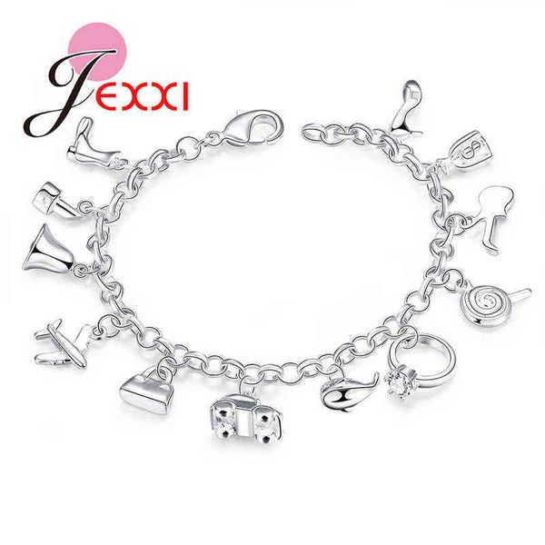 

wholesale price real 925 sterling silver women girls cute nice bag shoes shaped charms bracelets trendy jewelry, Golden;silver