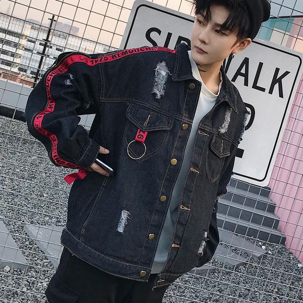 

men's jackets spring autumn 2021 fashion casual denim jacket loose korean style student holes ribbon cowboy hip hop bf handsome top, Black;brown