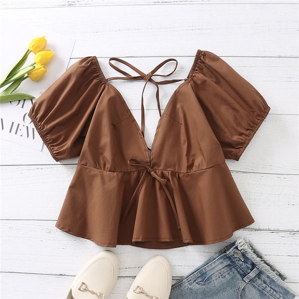 

women pleats puff sleeve short smock shirts lady v-neck lacing blouse femininas blusas 210430, White