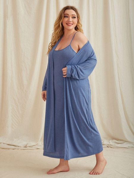 

plus solid open front robe & cami dress pj set n4dp#, Black;white