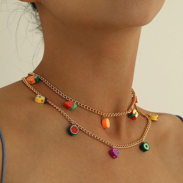 

2021 double layers cute fruit beads charm choker necklace gold color statement pendant necklace, Golden;silver