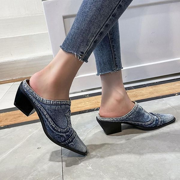 

dress shoes 2021 spring autumn fashion solid denim woman mules square heels pointed toe comfy walking platform leisure pupms, Black
