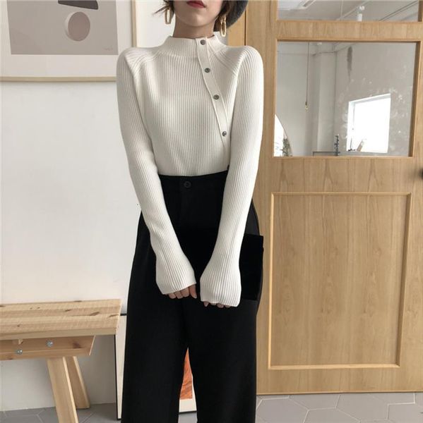 

solid knitting womens turtleneck sweaters button long sleeve slim pullover female clothing fashion jumpers autumn winter, White;black