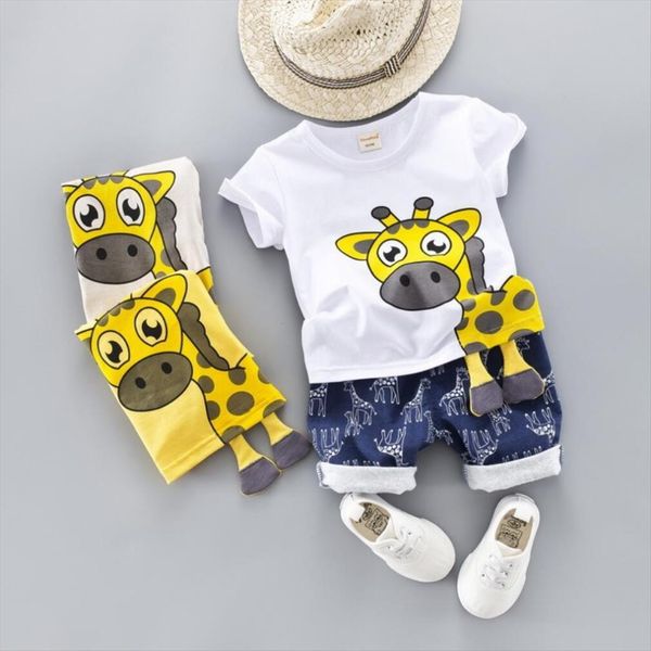 

summer baby boy clothing girls short sleeved cartoon giraffe t shirt shorts 2 piece set kids babes jogging tracksuits, White