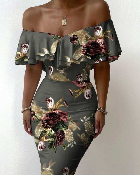 

casual dresses floral print off shoulder ruffles skinny dress, Black;gray
