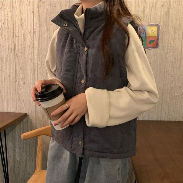 

women's vests elegant stand collar vintage corduroy waistcoat fall 2021 women all-match loose cotton-padded vest casual warm winter coa, Black;white