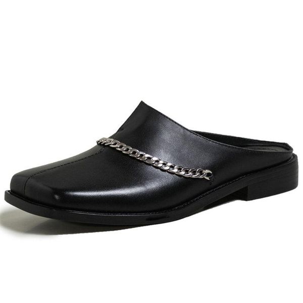 

classic women mules metal chain decoration platform genuine leather flat shoes 2021 summer working casual woman slippers, Black