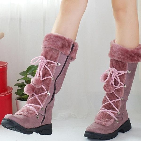 

boots winter women snow lace up platform vintage female mid calf keep warm plush cross strappy ladies cotton shoes, Black
