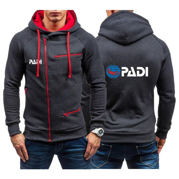 

men's hoodies & sweatshirts 2021 spring autumn scuba driver padi print hooded slim thick pullover male diagonal leisure zipper coats, Black